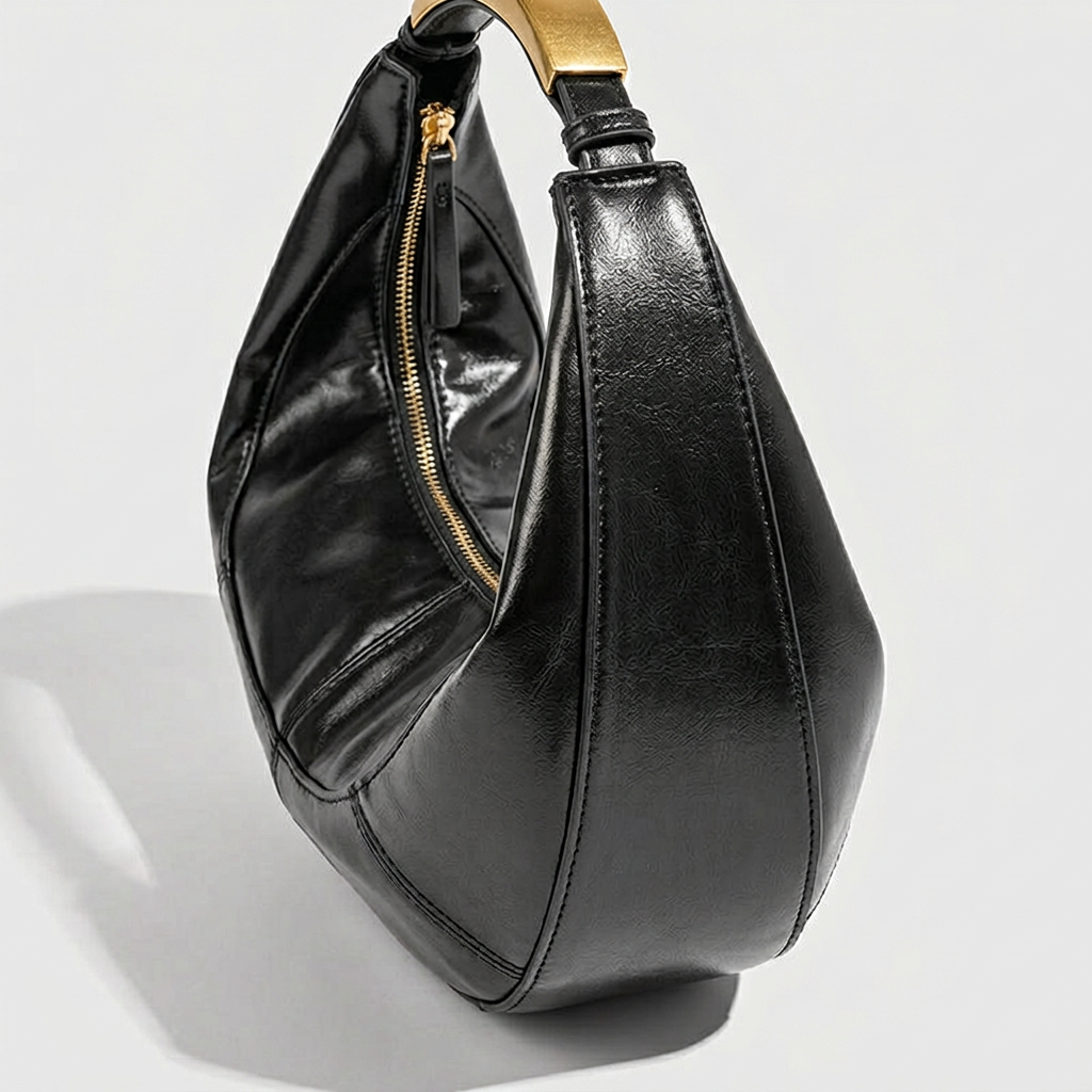 Luna – Vegan Cowhide Crescent Shoulder Bag, Top Handle Hobo