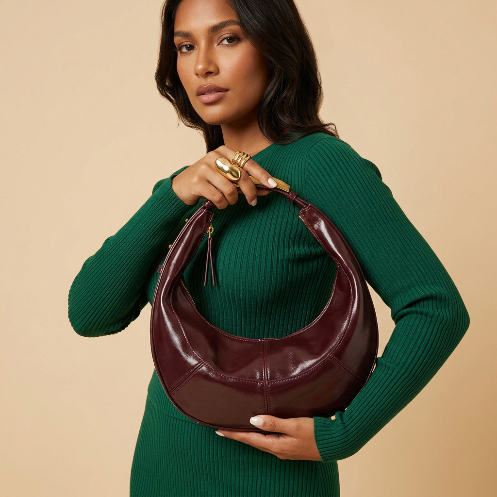 Luna – Vegan Cowhide Crescent Shoulder Bag, Top Handle Hobo