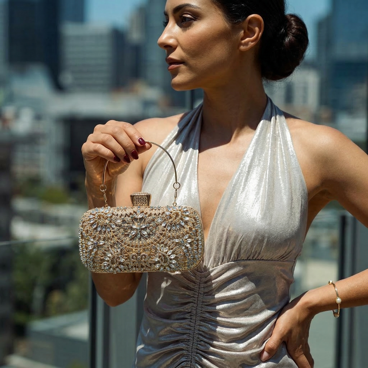 Luxe Bloom – Crystal Top Handle Clutch Purse