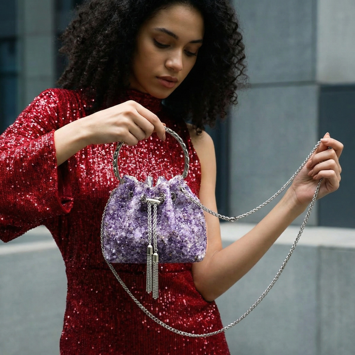 Iris – Beaded Bucket Evening Bag with Crystal Ring Handle and Chain Strap