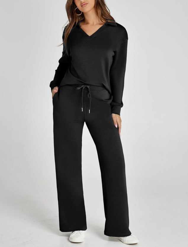 Relaxed Comfort Two-Piece Lounge Set – V-Neck Top & Wide Leg Pants