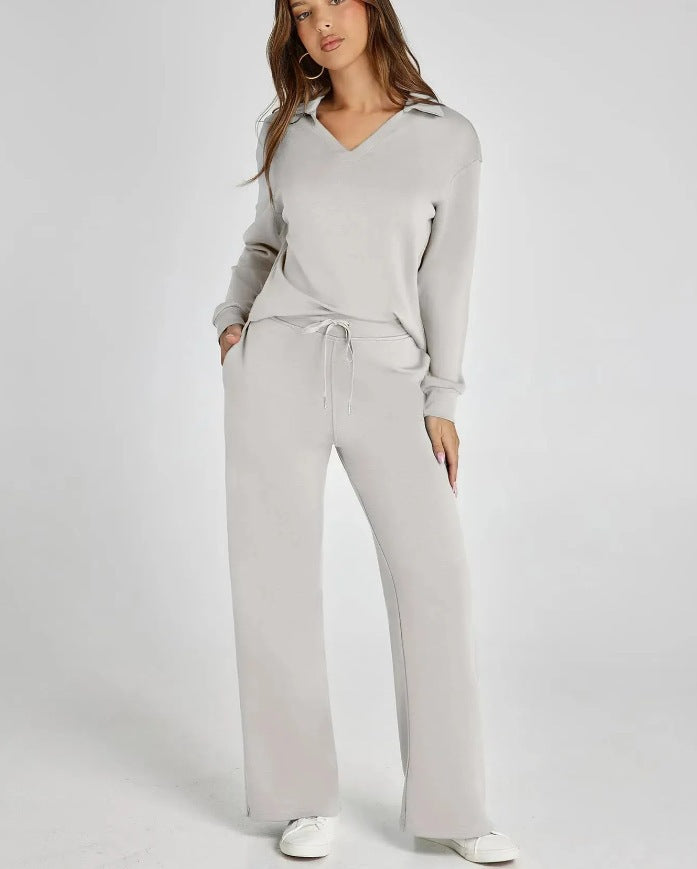 Relaxed Comfort Two-Piece Casual Set - Zip-Neck Top and Wide-Leg Trousers