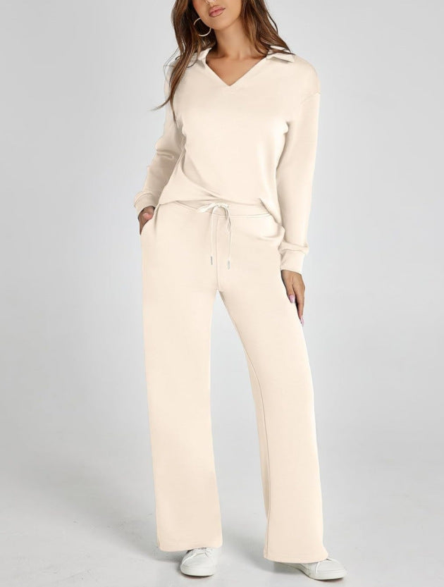Relaxed Comfort Two-Piece Casual Set - Zip-Neck Top and Wide-Leg Trousers