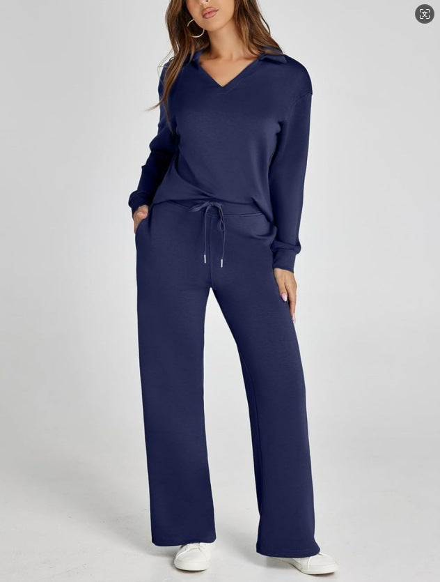 Relaxed Comfort Two-Piece Casual Set - Zip-Neck Top and Wide-Leg Trousers