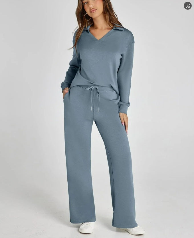 Relaxed Comfort Two-Piece Casual Set - Zip-Neck Top and Wide-Leg Trousers