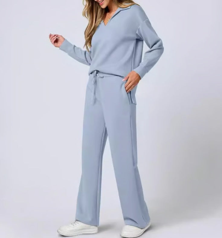 Relaxed Comfort Two-Piece Lounge Set – V-Neck Top & Wide Leg Pants