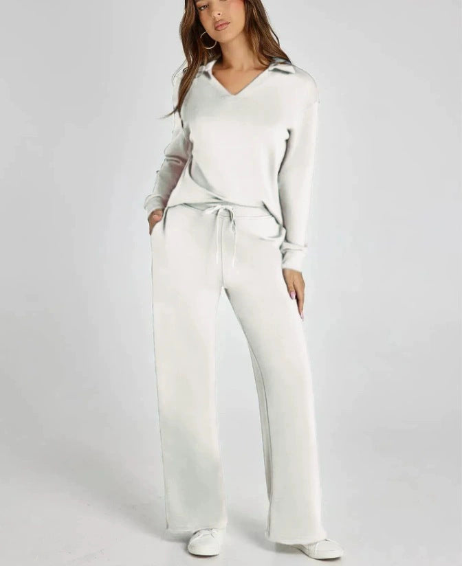Relaxed Comfort Two-Piece Casual Set - Zip-Neck Top and Wide-Leg Trousers