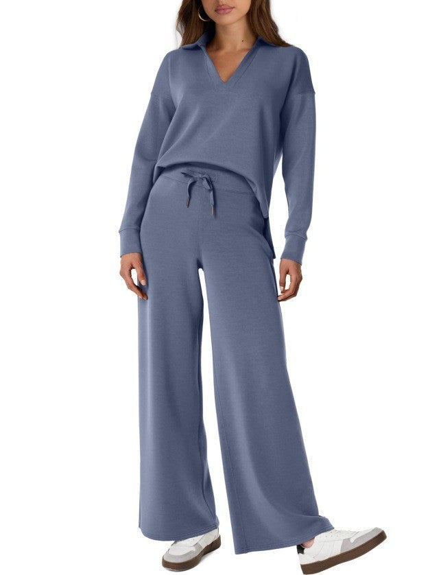 Relaxed Comfort Two-Piece Casual Set - Zip-Neck Top and Wide-Leg Trousers