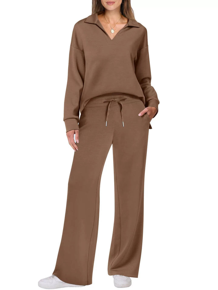 Relaxed Comfort Two-Piece Casual Set - Zip-Neck Top and Wide-Leg Trousers