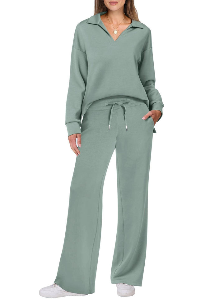 Relaxed Comfort Two-Piece Casual Set - Zip-Neck Top and Wide-Leg Trousers