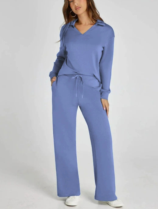 Relaxed Comfort Two-Piece Casual Set - Zip-Neck Top and Wide-Leg Trousers