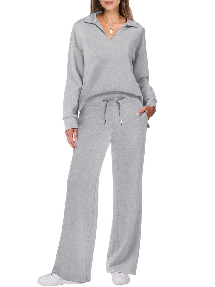 Relaxed Comfort Two-Piece Casual Set - Zip-Neck Top and Wide-Leg Trousers