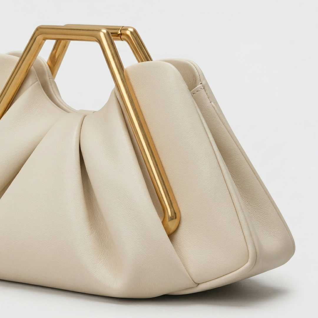 Maren – Pleated Top Handle Clutch Bag, Gold Frame