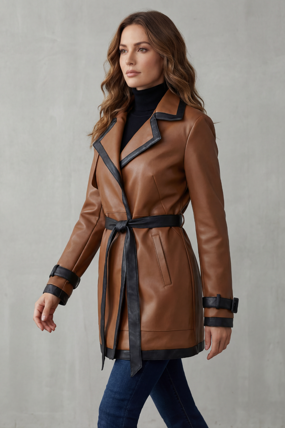 Women's Belted Faux Leather Trench Coat with Contrast Trim