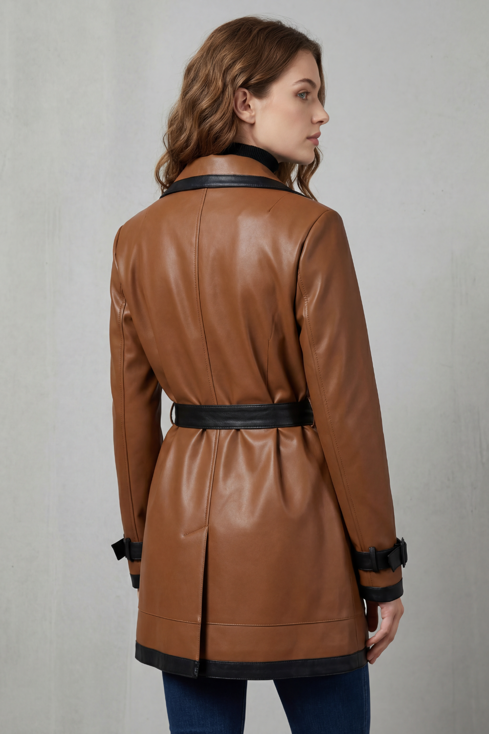 Women's Belted Faux Leather Trench Coat with Contrast Trim