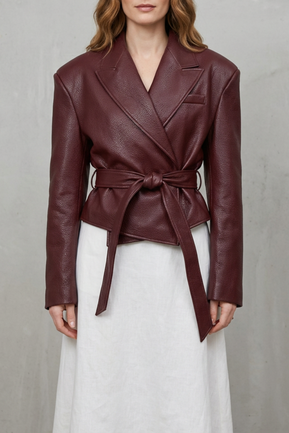 Modern Sculpted Faux Leather Belted Jacket for Women