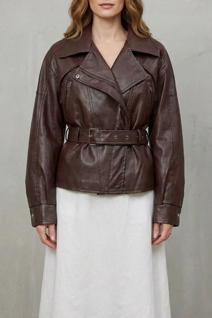 Modern Sculpted Faux Leather Belted Jacket for Women