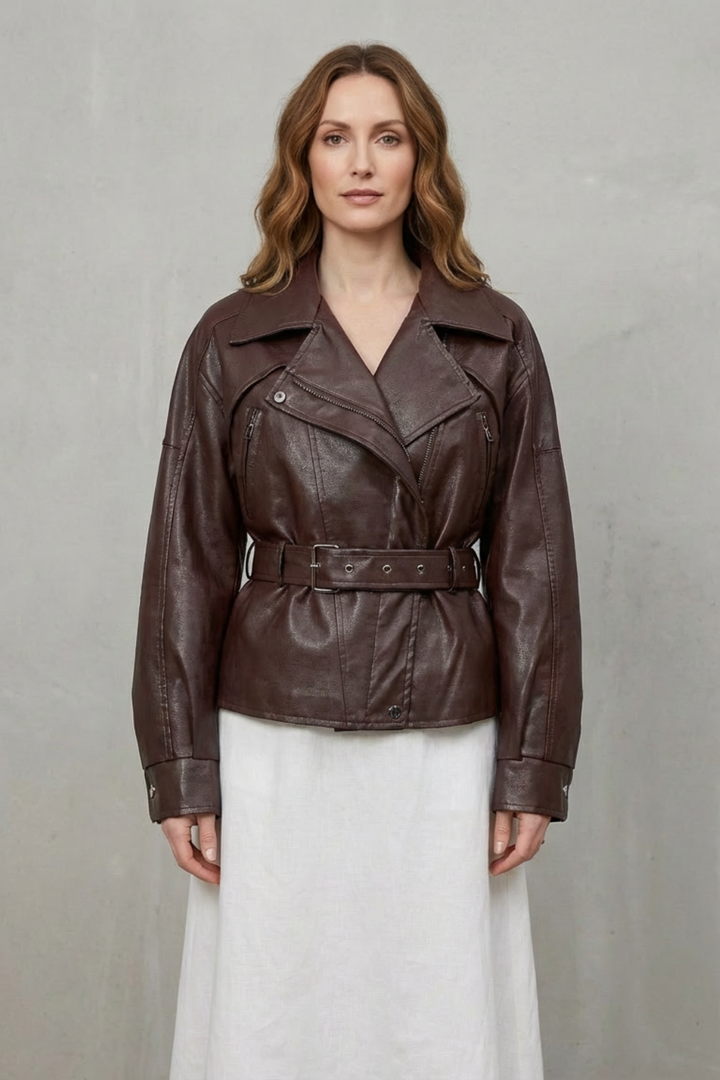 Modern Sculpted Faux Leather Belted Jacket for Women