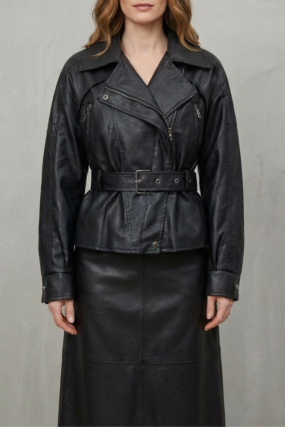 Modern Sculpted Faux Leather Belted Jacket for Women