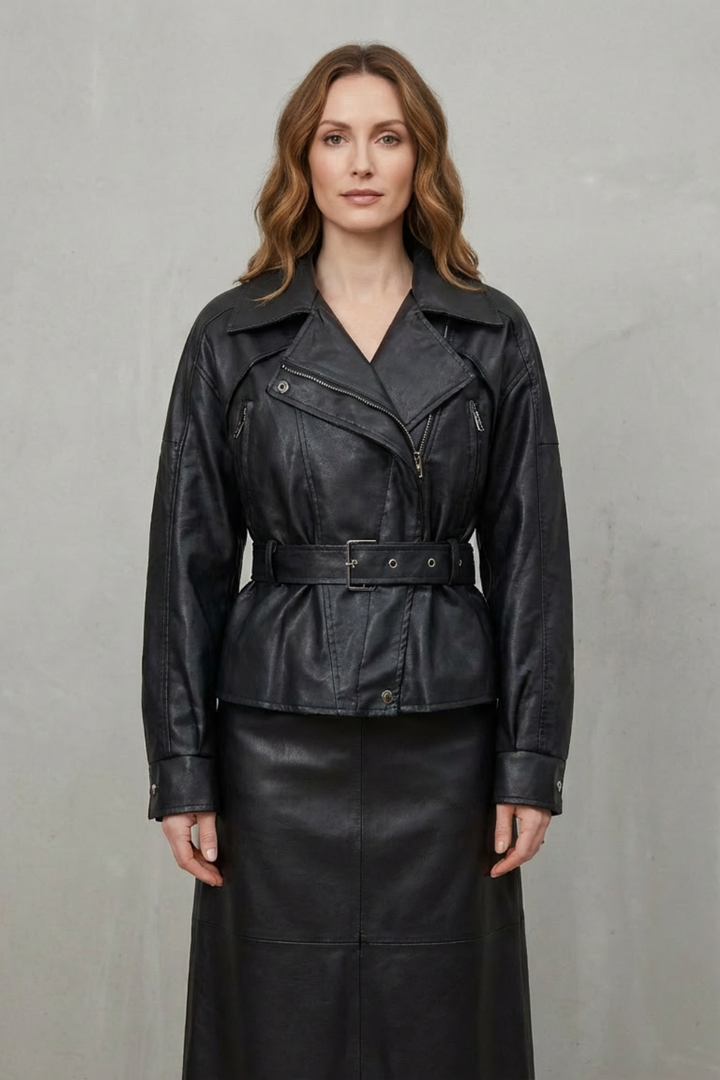Modern Sculpted Faux Leather Belted Jacket for Women
