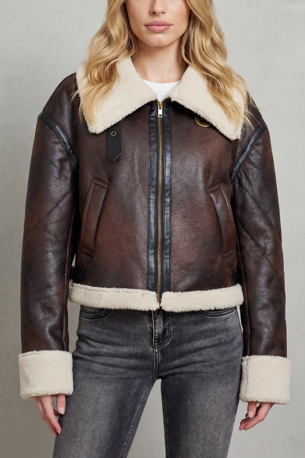 Women's Cropped Shearling-Trim Aviator Jacket