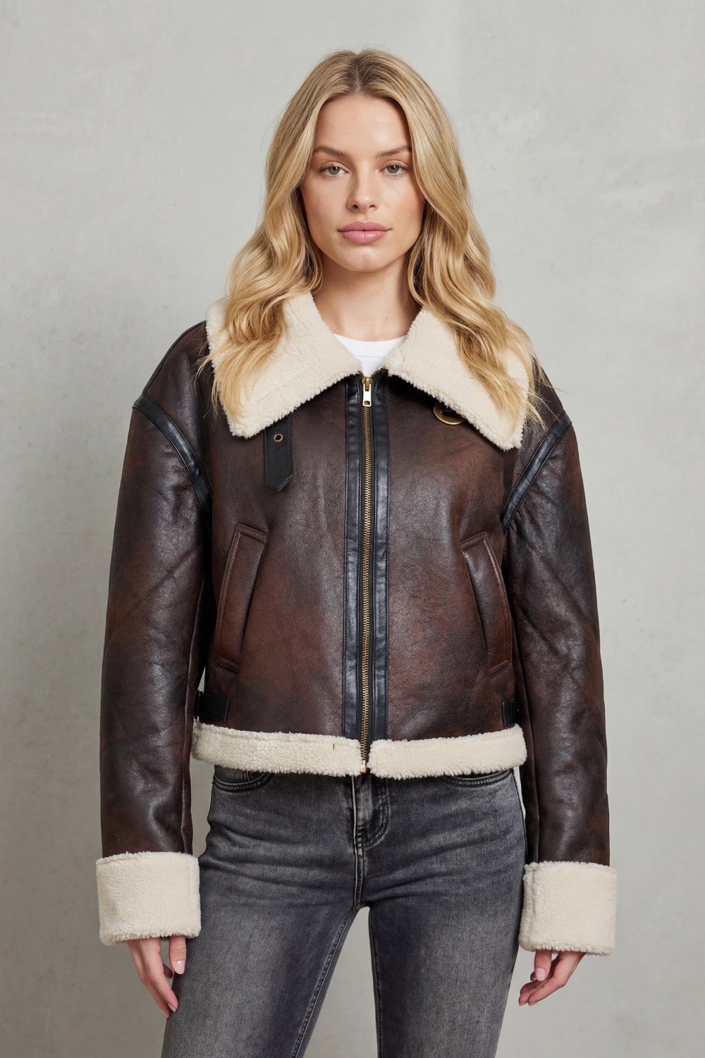 Women's Cropped Shearling-Trim Aviator Jacket