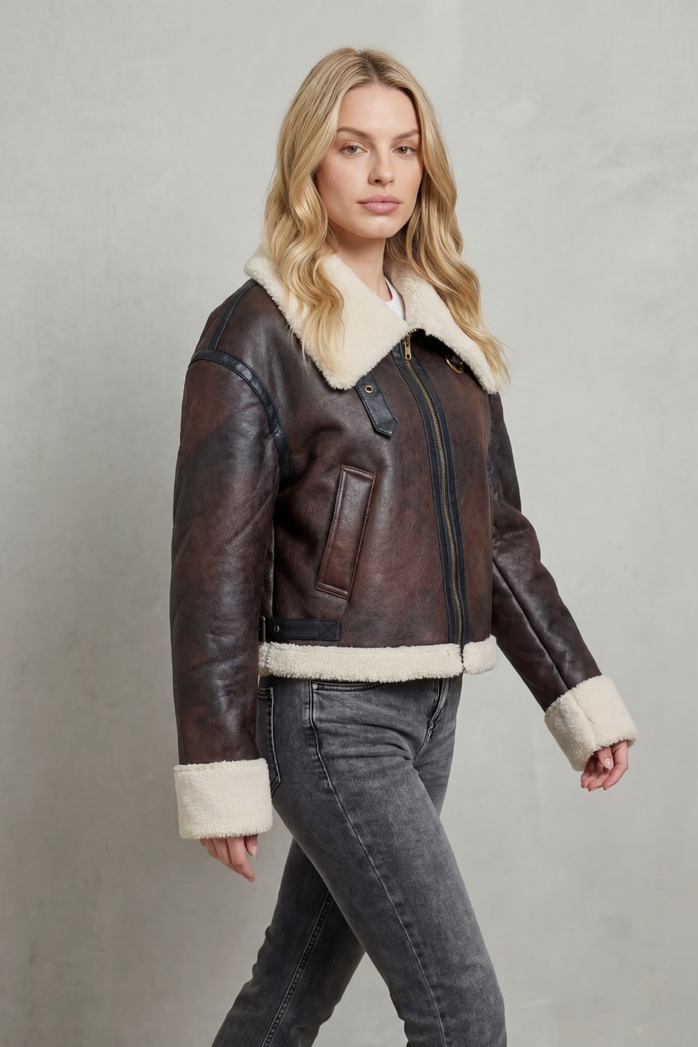 Women's Cropped Shearling-Trim Aviator Jacket