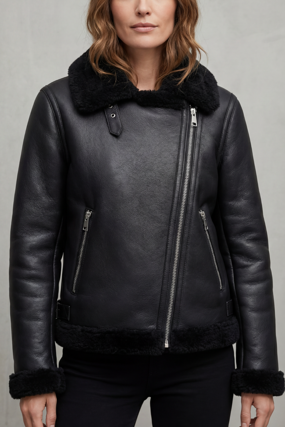 Women's Asymmetrical Zip Shearling Biker Jacket