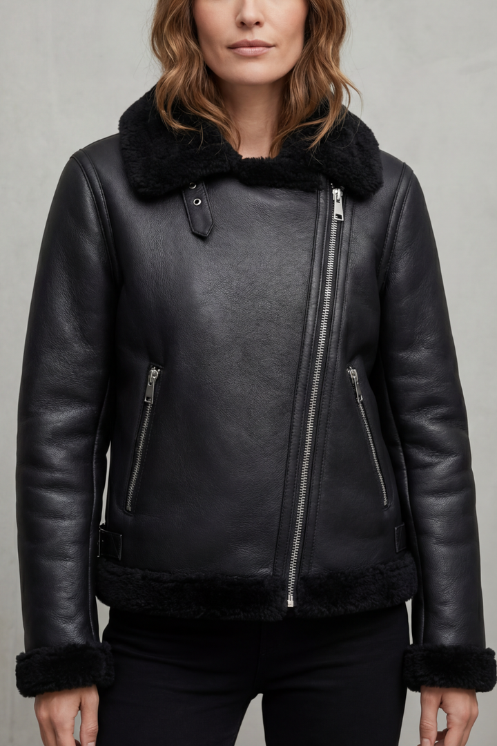 Women's Asymmetrical Zip Shearling Biker Jacket