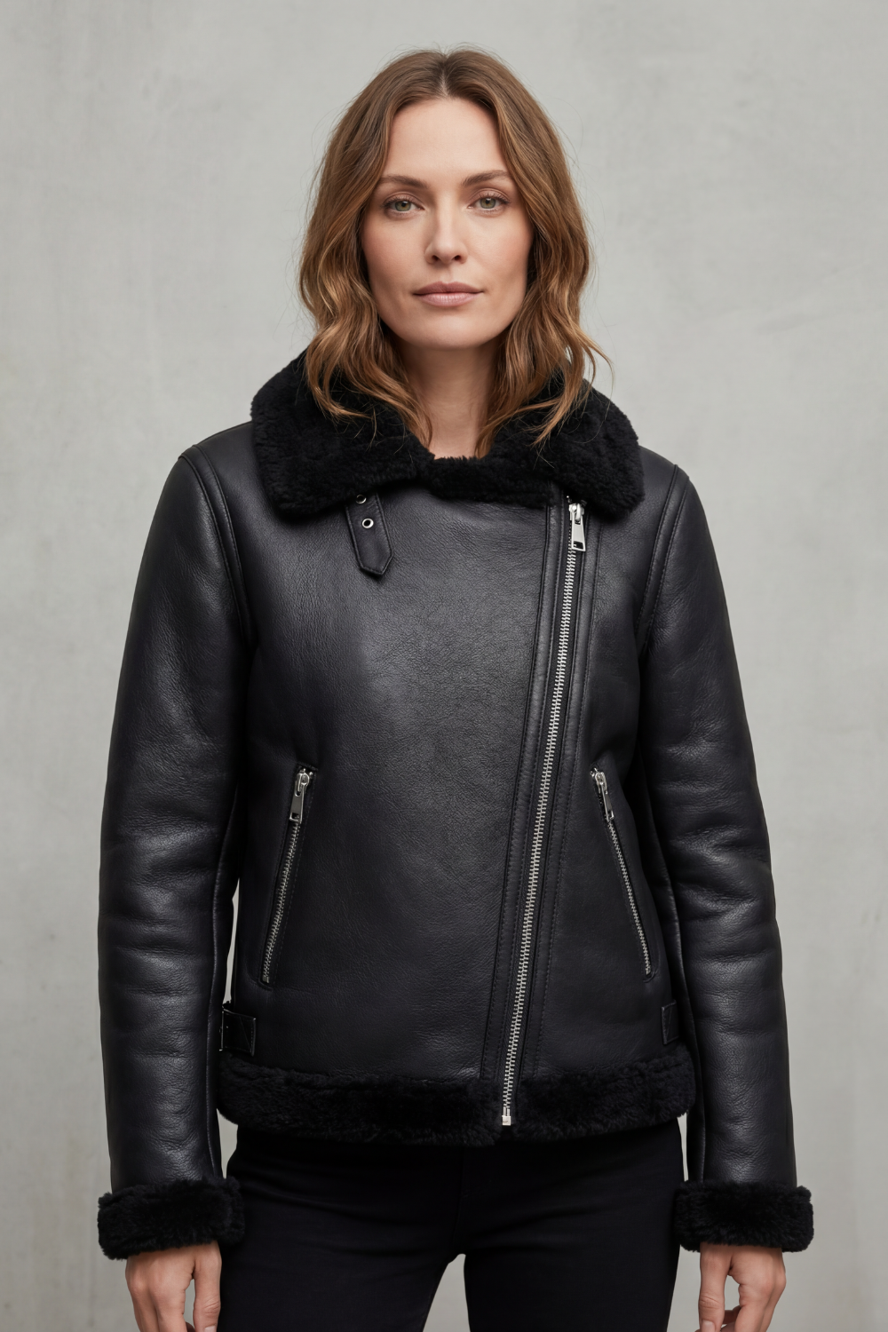 Women's Asymmetrical Zip Shearling Biker Jacket