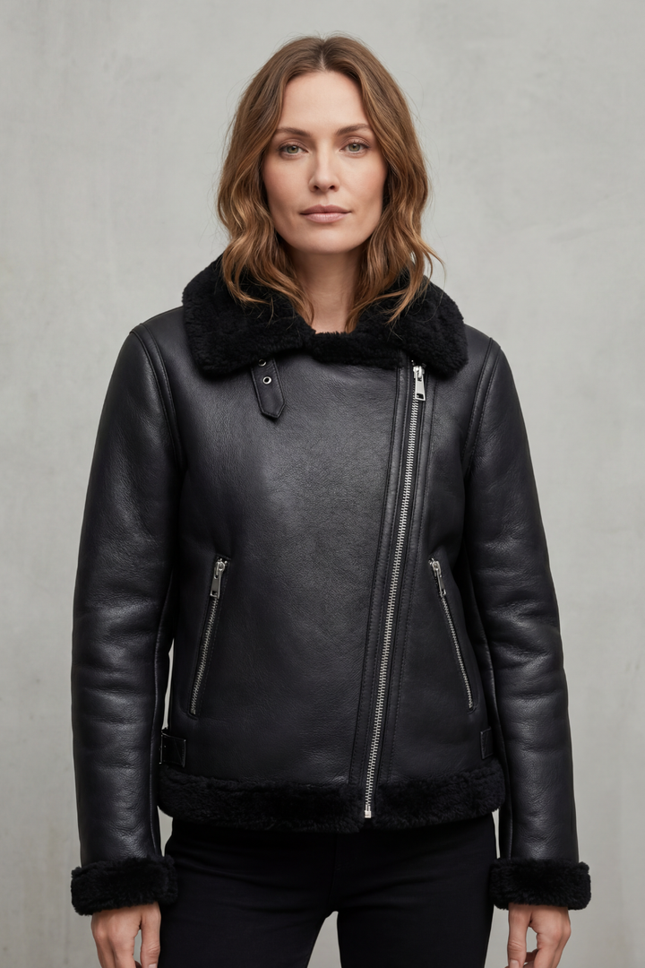 Women's Asymmetrical Zip Shearling Biker Jacket