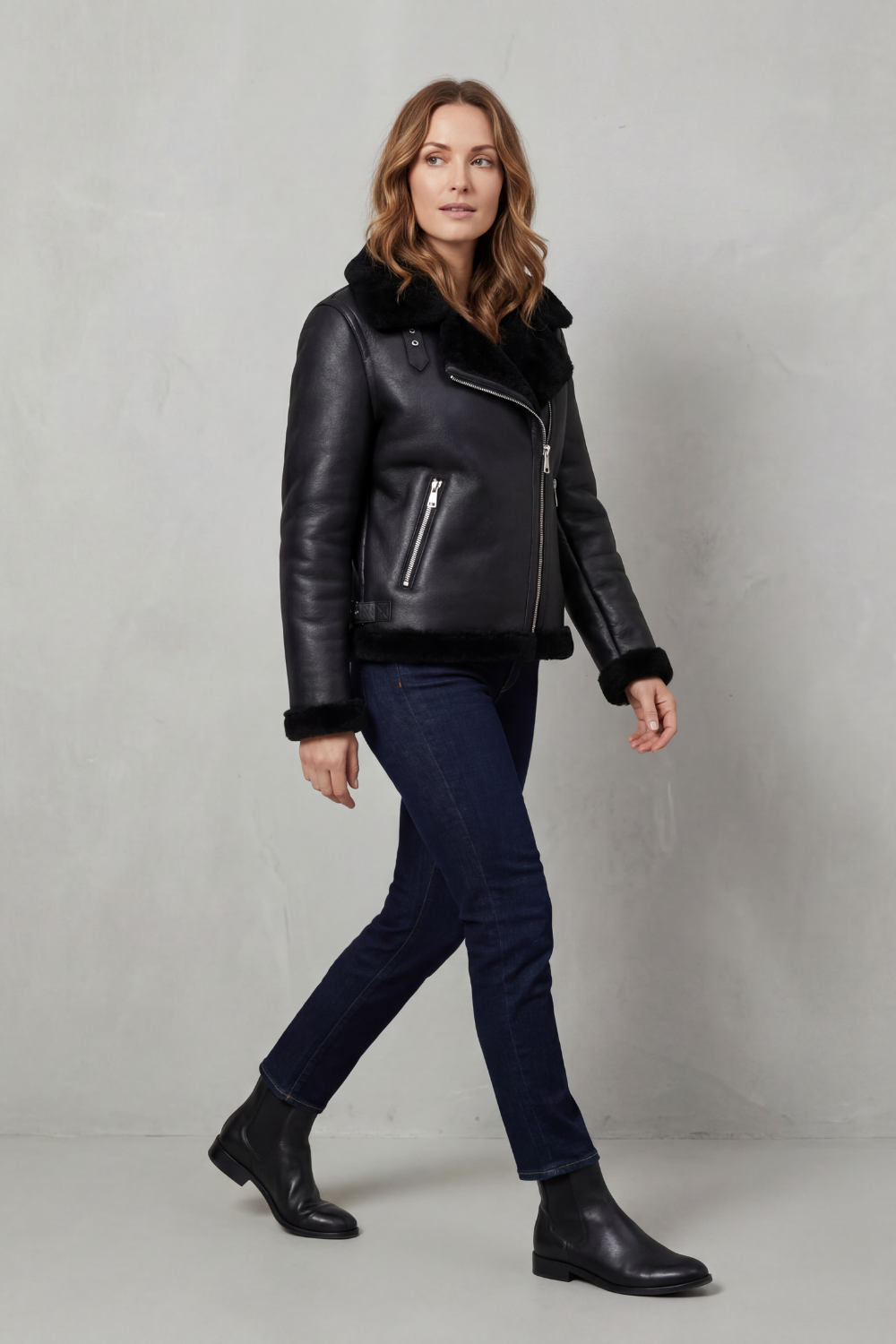 Women's Asymmetrical Zip Shearling Biker Jacket
