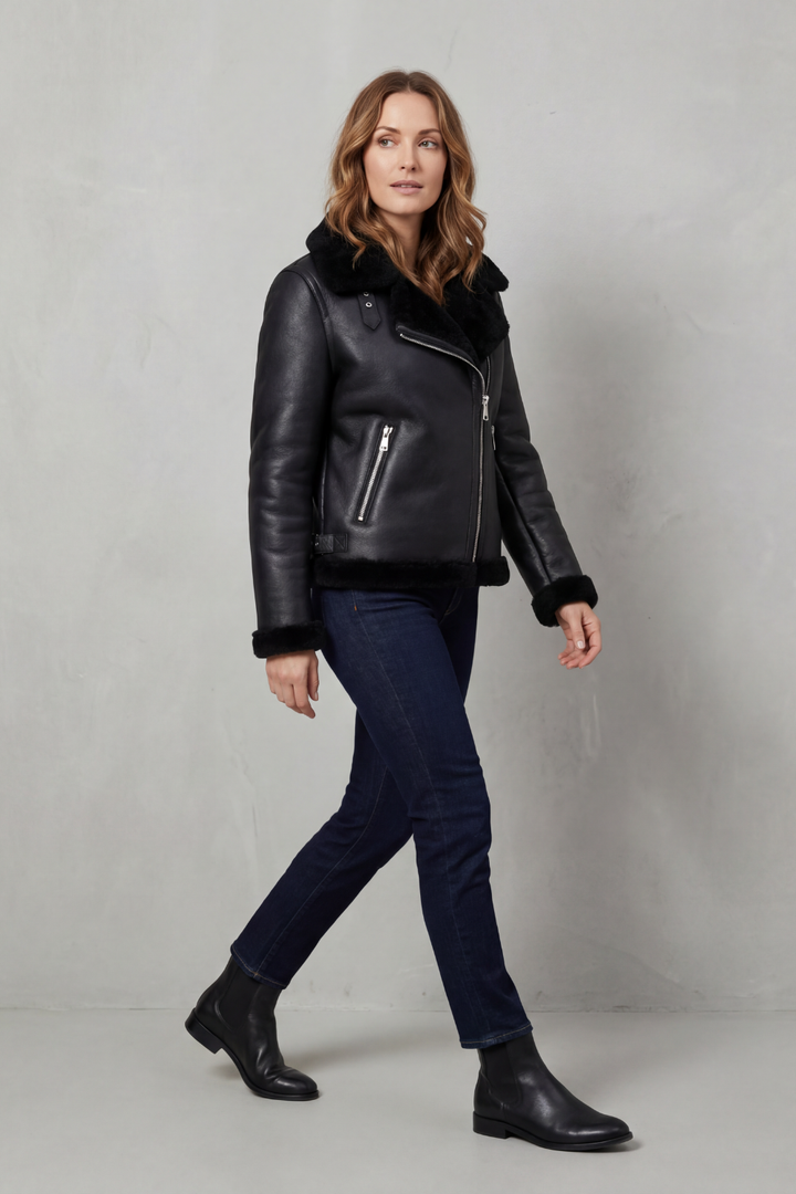 Women's Asymmetrical Zip Shearling Biker Jacket