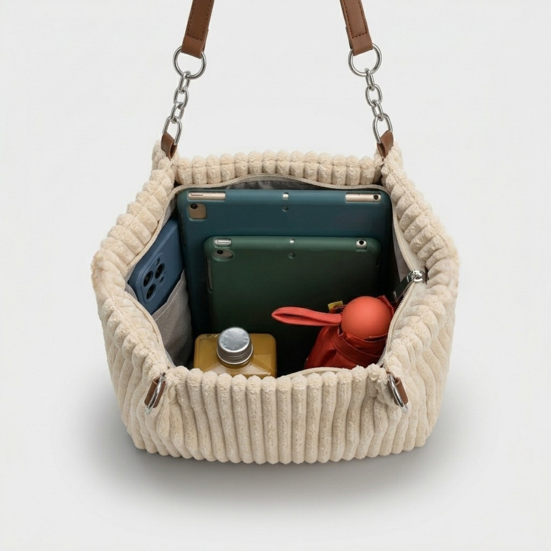 Nora – Large Corduroy Shoulder Tote Bag with Chain Strap