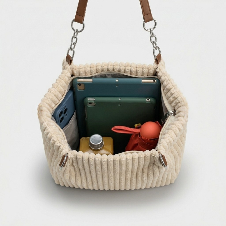 Nora – Large Corduroy Shoulder Tote Bag with Chain Strap