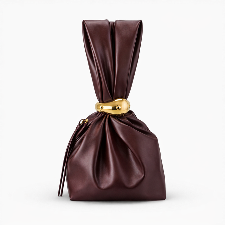 Nori – Vegan Leather Ruched Clutch Bag with Gold Ring Handle