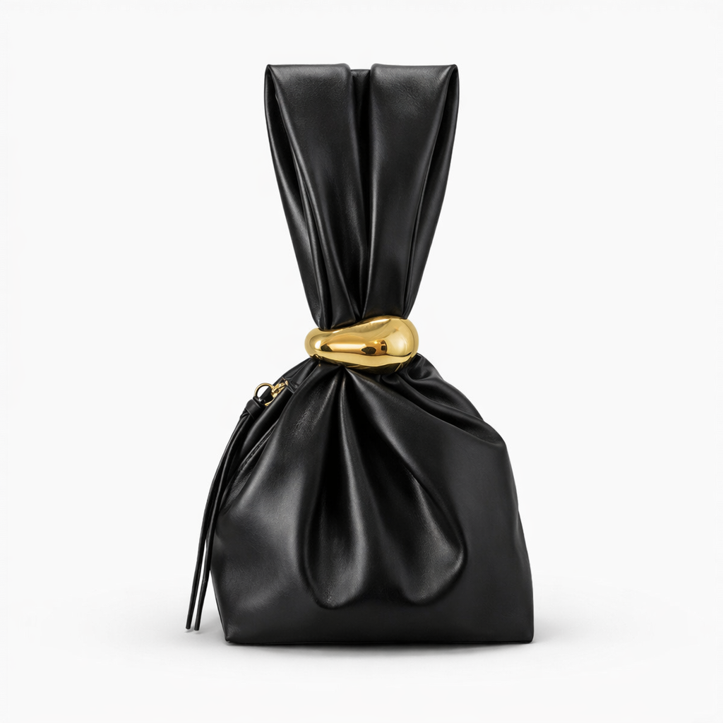 Nori – Vegan Leather Ruched Clutch Bag with Gold Ring Handle
