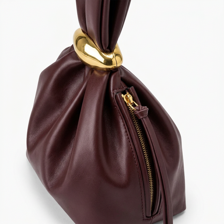 Nori – Vegan Leather Ruched Clutch Bag with Gold Ring Handle