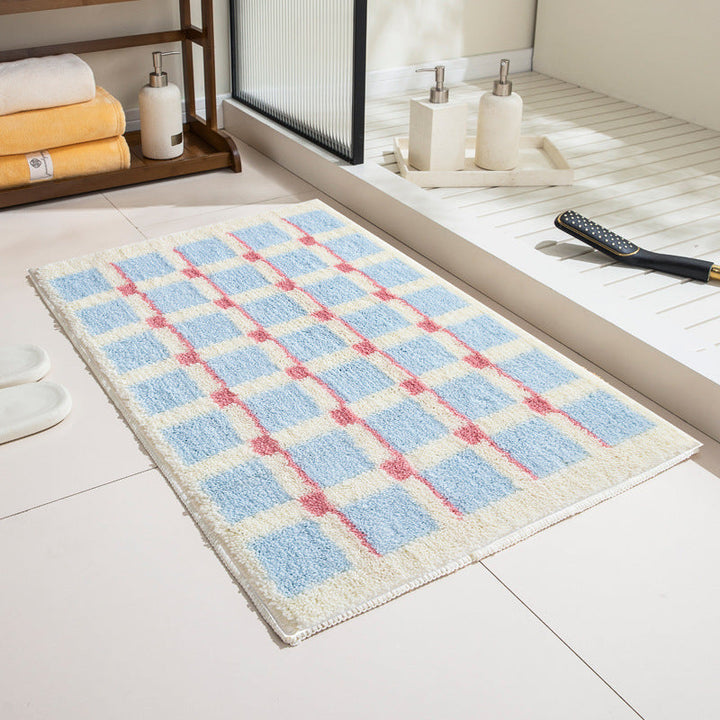 Premium Checkered Plush Bathroom Mat with Non-Slip Backing