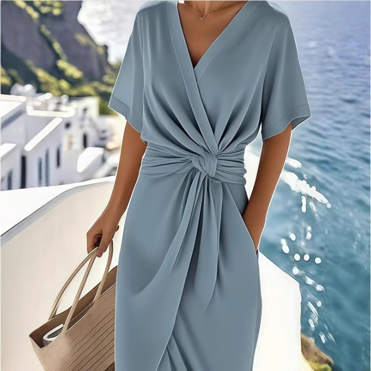 Elegant V-Neck Wrap Dress with Side Slit – Breathable Summer Style