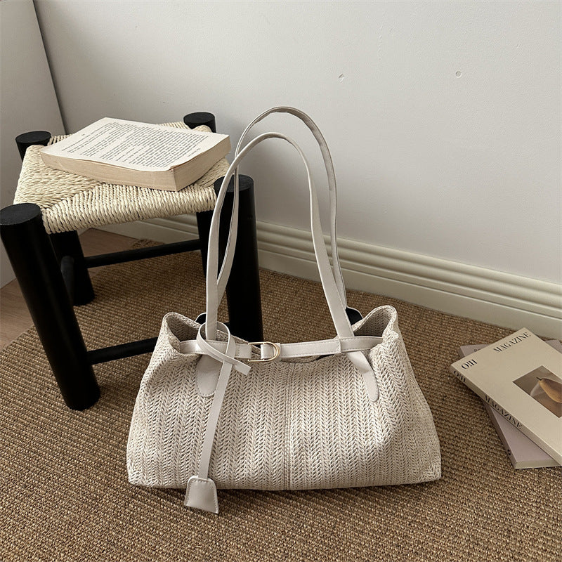 Natural Woven Straw Shoulder Tote - Handcrafted Summer Bag