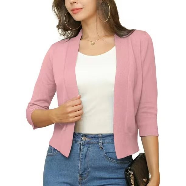 Open Front Casual Cardigan with Three-Quarter Sleeves