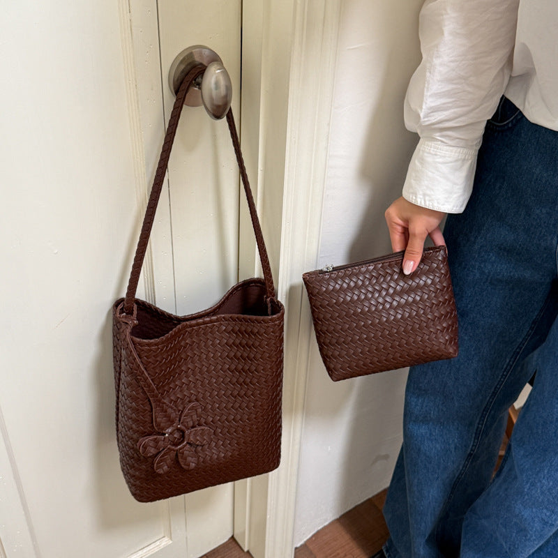 Woven Leather Floral Tote Bag with Matching Pouch