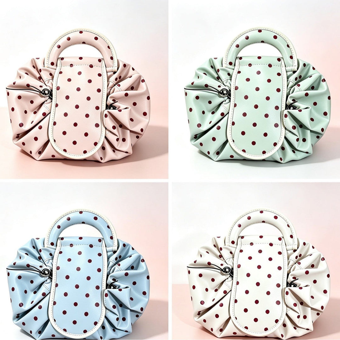 Polka Dot Structured Handbag with Ruffled Design