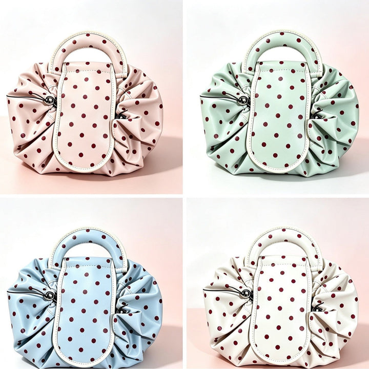 Polka Dot Structured Handbag with Ruffled Design