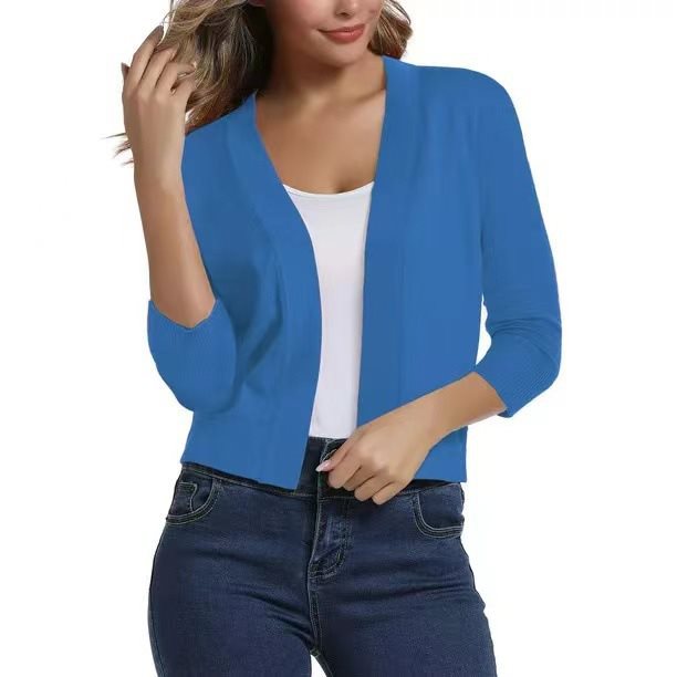 Open Front Casual Cardigan with Three-Quarter Sleeves