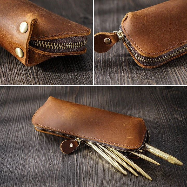 Elegant Leather Zippered Writing Case for Pens and Pencils