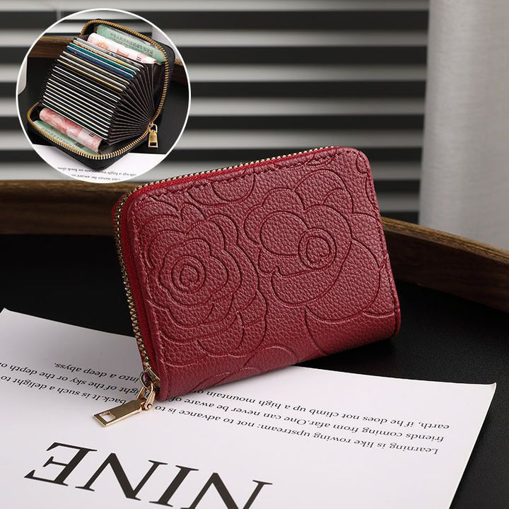 Embossed Floral Leather Zip Wallet for Women