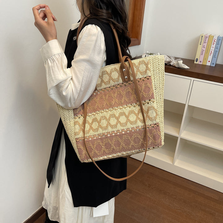 Natural Woven Straw Everyday Tote Bag for Shopping & Travel