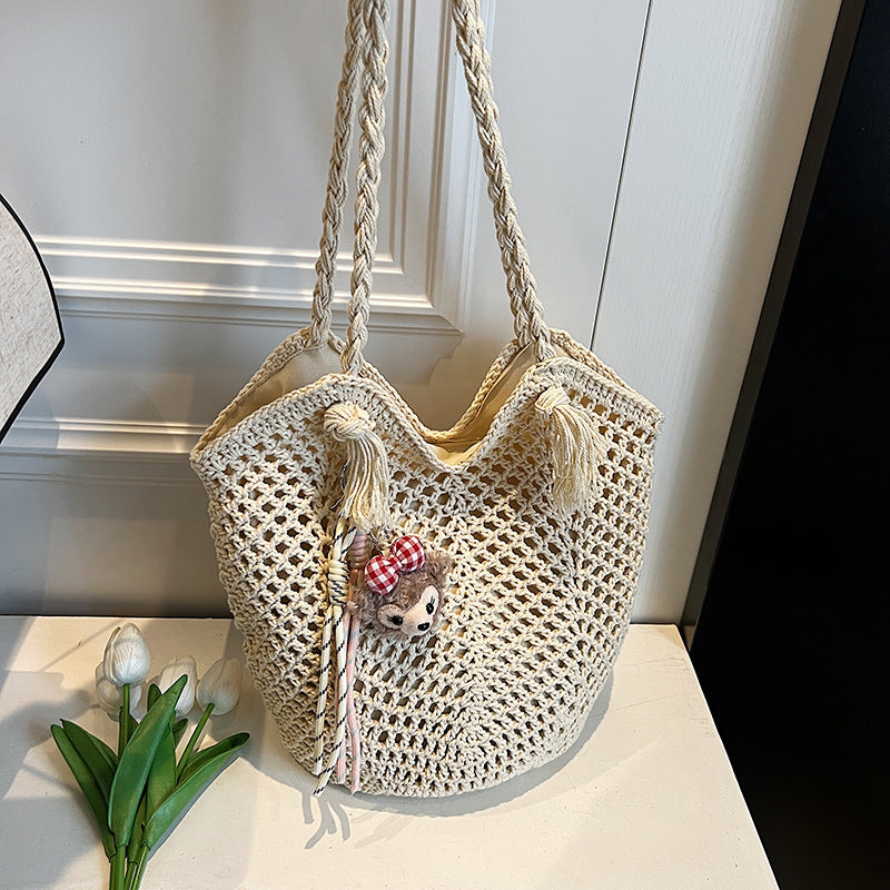 Summer Woven Straw Tote with Tassel Charm